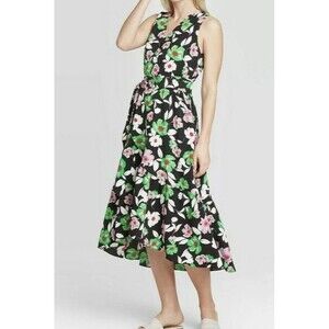 Who What Wear Women's Floral Wrap Midi Dress Sleeveless V Neck Ruffle Hem Med